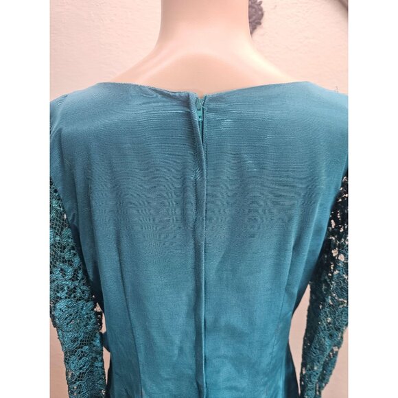 Vintage 80s Evening Dress Medium Teal Modest Full Skirt - Picture 6 of 7